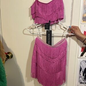 White Fox Boutique Vibrant Pink Fringe Skirt Set
